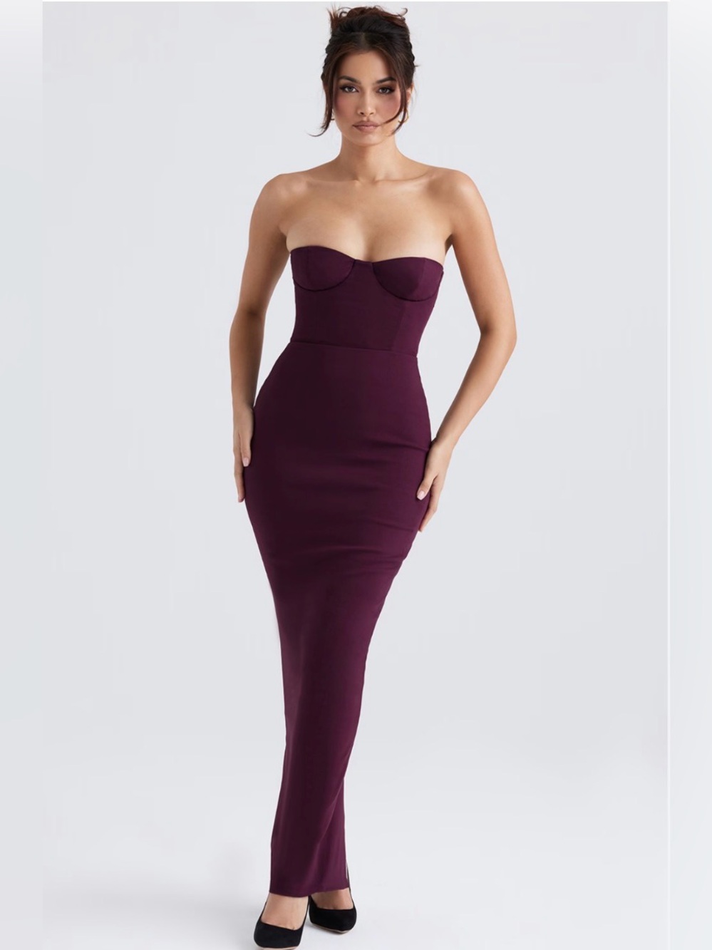 House of CB “Lucia” Strapless Plum Bodycon Evening Midi-Maxi Gown